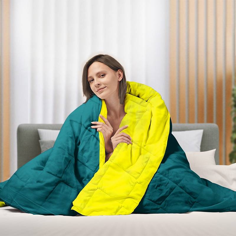 All-Weather Comforter Mustard Yellow & Grey side view